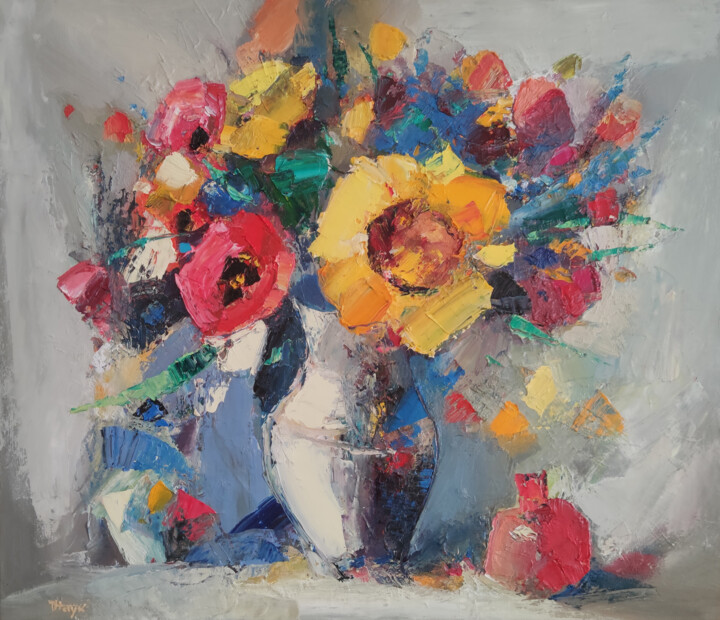 Painting titled "Fruits and Flowers…" by Hayk Miqayelyan, Original Artwork, Oil Mounted on Wood Stretcher frame