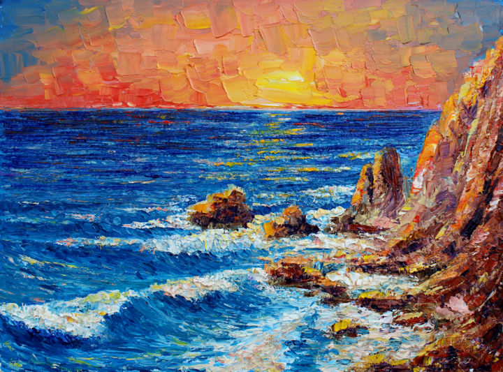 Painting titled "Sea Sunset" by Haykuhi Khachatryan, Original Artwork, Oil