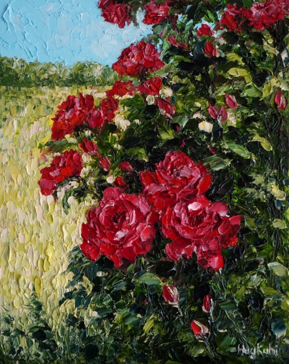 Painting titled "Red Roses" by Haykuhi Khachatryan, Original Artwork, Oil