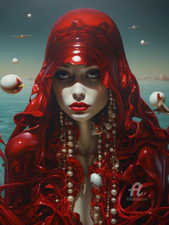Digital Arts titled "Crimson Veil" by Hazel, Original Artwork, Digital Painting