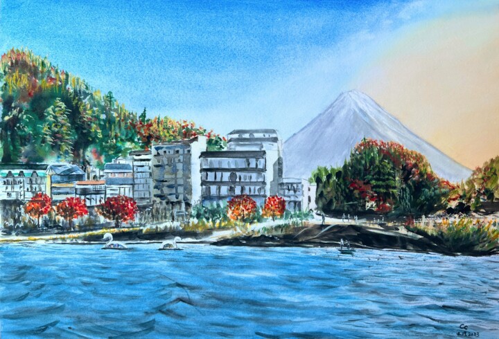 Pittura intitolato "Lake Kawaguchi and…" da Cheng Chen, Opera d'arte originale, Acquarello