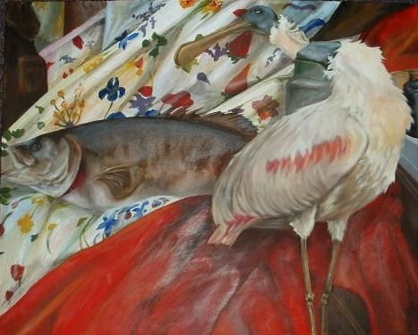 Painting titled "Fish and Bird Still…" by Heather White, Original Artwork