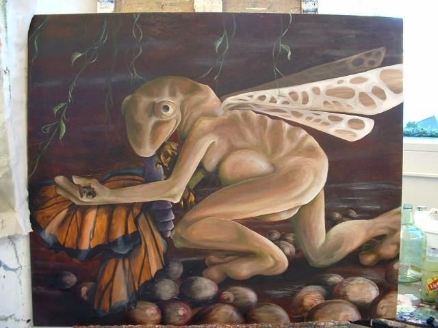 Painting titled "Fairy Eating a Mona…" by Heather White, Original Artwork