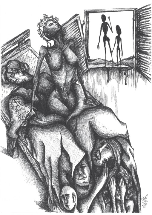 Dibujo titulada "Death, farewell and…" por Heba Saleh Mendelson, Obra de arte original, Tinta Montado en Cartulina