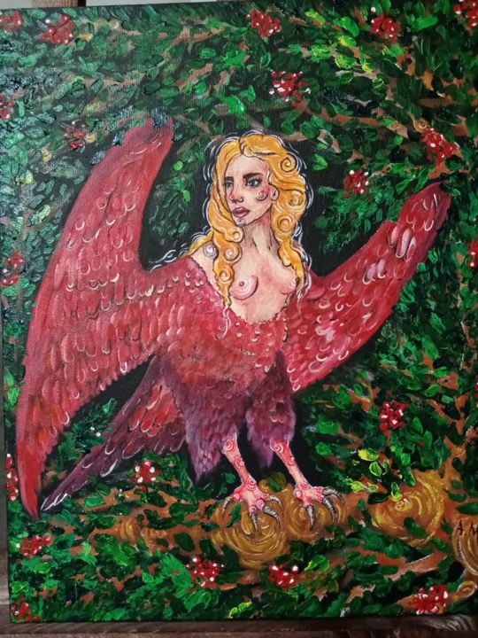 Картина под названием "Птица Сирин" - Анастасия Маслова, Подлинное произведение искусства, Акрил Установлен на Деревянная ра…