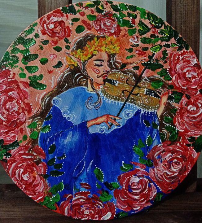 Painting titled "Эльфийский скрипач" by Anastasiia Maslova, Original Artwork, Acrylic Mounted on Wood Stretcher frame