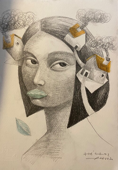 Zeichnungen mit dem Titel "Mujer III" von Hector Acevedo, Original-Kunstwerk, Bleistift