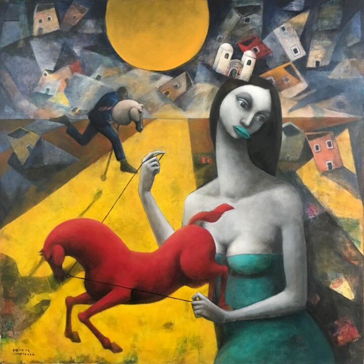 Malerei mit dem Titel "Caballo Escarlata" von Hector Acevedo, Original-Kunstwerk, Öl Auf Keilrahmen aus Holz montiert