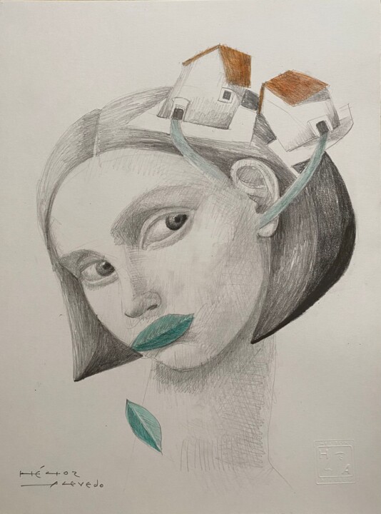 Drawing titled "Retrato de mujer V" by Hector Acevedo, Original Artwork, Graphite Mounted on Other rigid panel