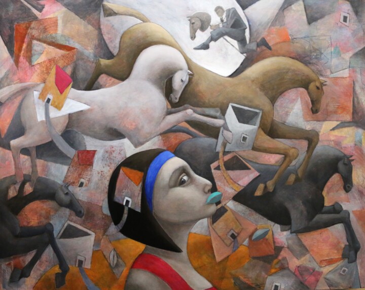 Pintura titulada "Caballos de la noche" por Hector Acevedo, Obra de arte original, Oleo Montado en Bastidor de camilla de ma…