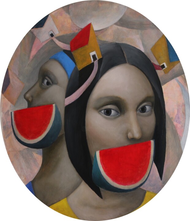 Malerei mit dem Titel "Mujeres con sandias…" von Hector Acevedo, Original-Kunstwerk, Öl Auf Keilrahmen aus Holz montiert