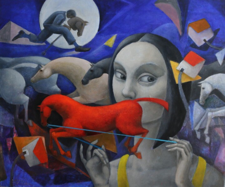 Painting titled "Cabalgata en azul" by Hector Acevedo, Original Artwork, Oil Mounted on Wood Stretcher frame