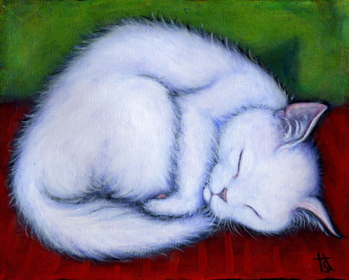 Ζωγραφική με τίτλο "Little White Cat" από Heidi Shaulis, Αυθεντικά έργα τέχνης, Λάδι