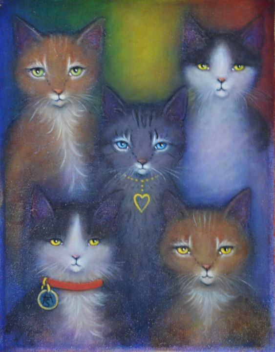 Painting titled "Rainbow cats" by Heidi Shaulis, Original Artwork, Oil