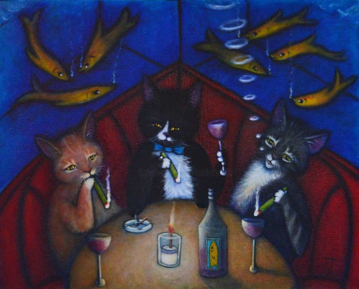 Peinture intitulée "The Catnip Lounge" par Heidi Shaulis, Œuvre d'art originale, Huile