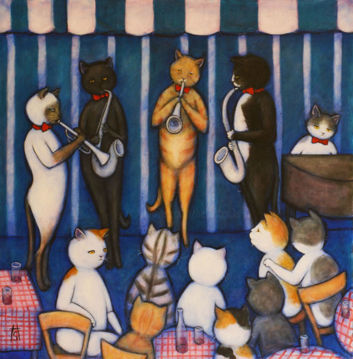 Malerei mit dem Titel "The Catland Club" von Heidi Shaulis, Original-Kunstwerk, Öl