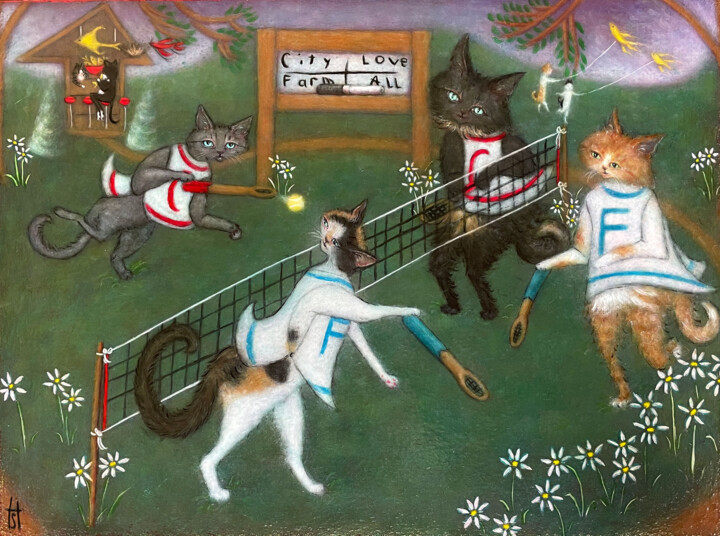 Painting titled "Tennis Cats" by Heidi Shaulis, Original Artwork, Oil Mounted on artwork_cat.