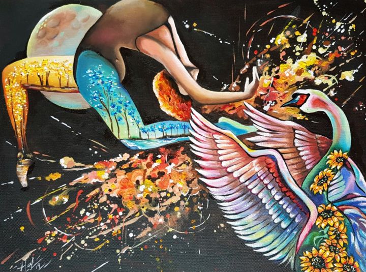 Peinture intitulée "Leda wants to fly" par Heidy Garcia, Œuvre d'art originale
