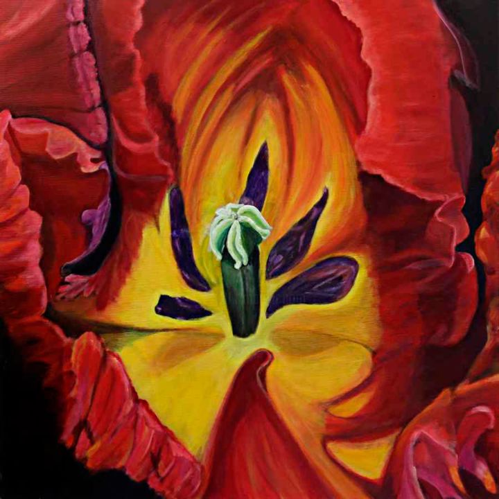 Painting titled "Rote Tulpe mit Blüt…" by Heike Gausmann, Original Artwork, Acrylic