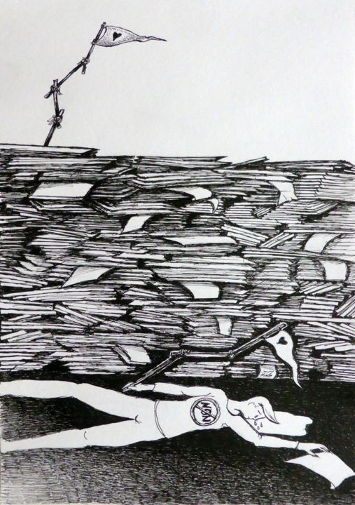 Disegno intitolato "Vous ne passerez pas" da Heike Tiede, Opera d'arte originale, Inchiostro