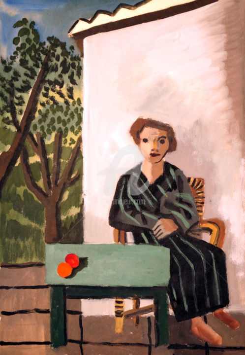 Malerei mit dem Titel "Frau auf Stuhl" von Heinz Janszen, Original-Kunstwerk, Öl