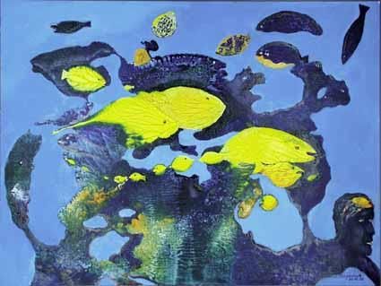 Pintura intitulada "PU 04 Yellow Fishes" por Heinz Sterzenbach, Obras de arte originais