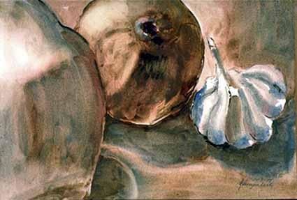 Malerei mit dem Titel "Apples with Garlic" von Heinz Sterzenbach, Original-Kunstwerk,