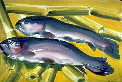 Malerei mit dem Titel "Two Fishes on bambo…" von Heinz Sterzenbach, Original-Kunstwerk,