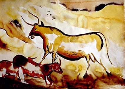 Painting titled "Big Bull with red C…" by Heinz Sterzenbach, Original Artwork, Watercolor