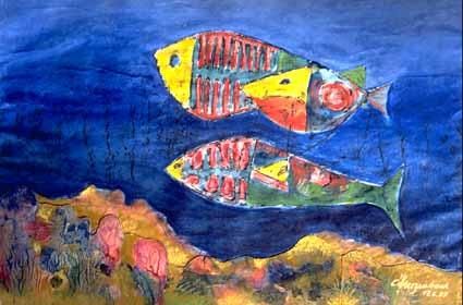 Картина под названием "Three Fishes in Cor…" - Heinz Sterzenbach, Подлинное произведение искусства, Коллажи