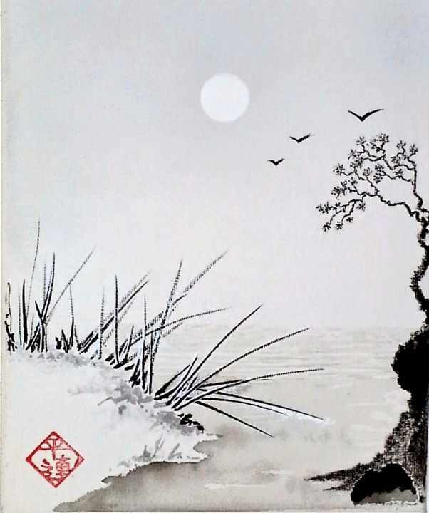 Peinture intitulée "Souvenir de Biwako" par Hélène Argellies, Œuvre d'art originale, Encre Monté sur Carton