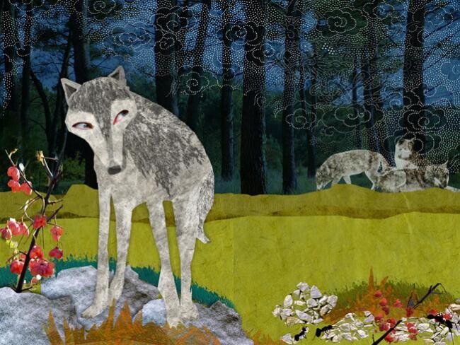 Digitale Kunst mit dem Titel "Loup dans la foret" von Hel Swynghedauw, Original-Kunstwerk, Collagen