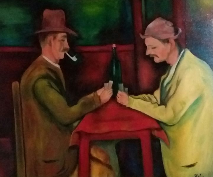 Painting titled "Joueurs de carte" by Héla Soudani, Original Artwork, Oil