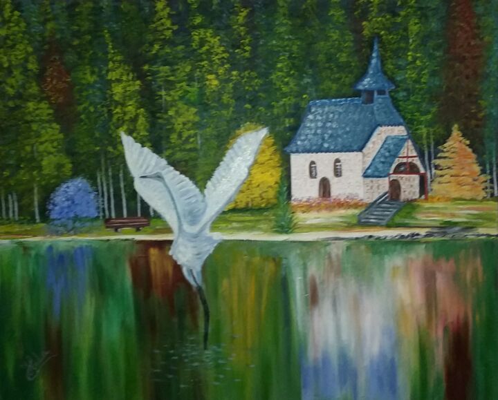 Painting titled "Maison au forêt" by Héla Soudani, Original Artwork, Oil