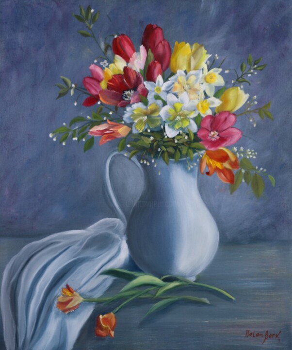 Painting titled "Tulips Daffodils Pa…" by Helen Berk, Original Artwork, Oil