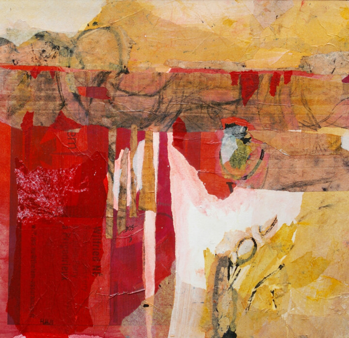 Collages intitulée "Champs rouges" par Helen Hill, Œuvre d'art originale, Collages