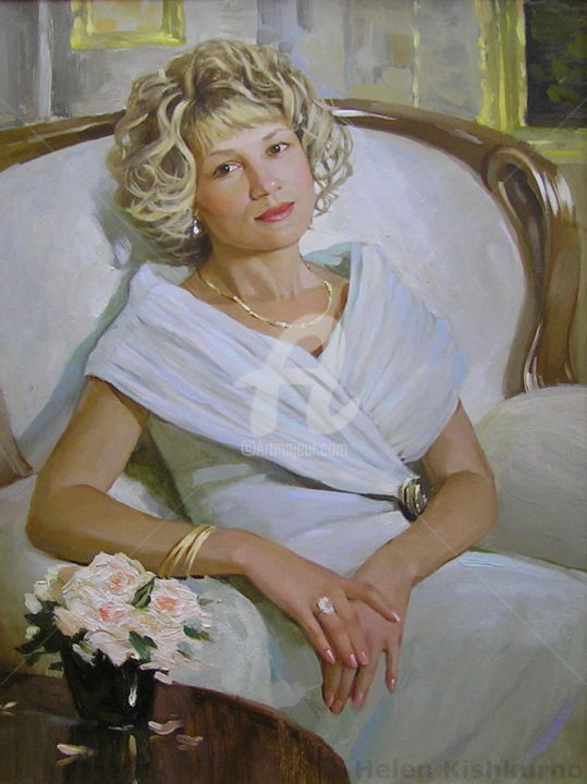 Картина под названием "Lady in White" - Helen Kishkurno, Подлинное произведение искусства, Масло