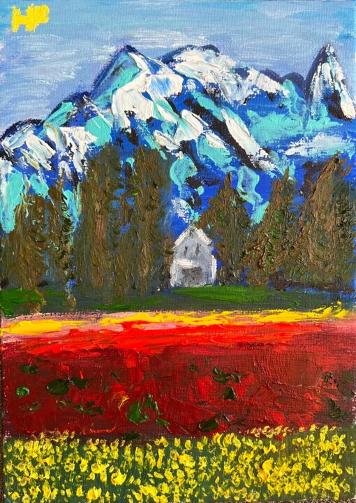 Картина под названием "mountains on my mind" - Helen Phagava, Подлинное произведение искусства, Масло Установлен на картон