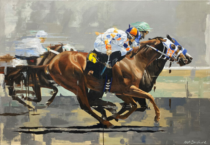 Painting titled "Horse Race - Neck a…" by Helen Sinfield, Original Artwork, Acrylic Mounted on Wood Stretcher frame