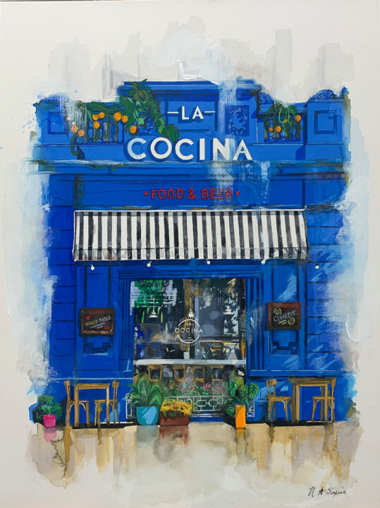 Painting titled "Cafe La Cocina" by Helen Sinfield, Original Artwork, Gouache Mounted on Cardboard