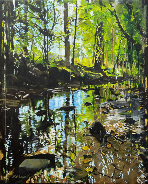 Painting titled "Nidd Gorge Woodland" by Helen Sinfield, Original Artwork, Acrylic Mounted on Wood Stretcher frame