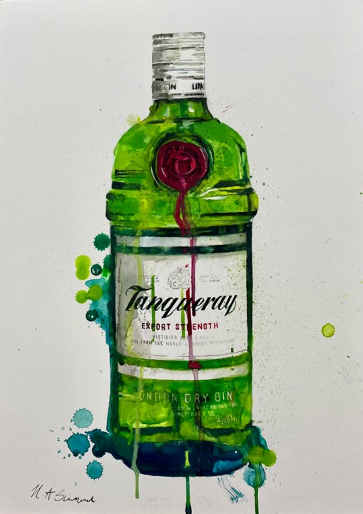 Painting titled "Gin Time… Tanqueray" by Helen Sinfield, Original Artwork, Watercolor Mounted on Cardboard