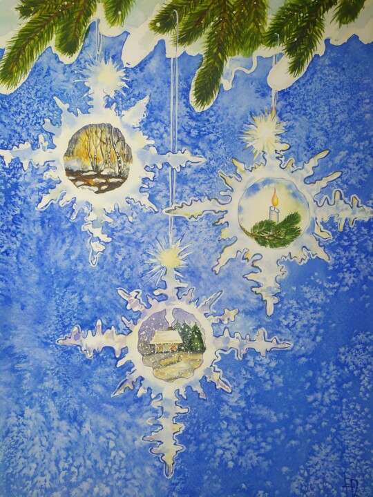 Peinture intitulée "Новогодняя сказка" par Helen Temchenko, Œuvre d'art originale, Aquarelle