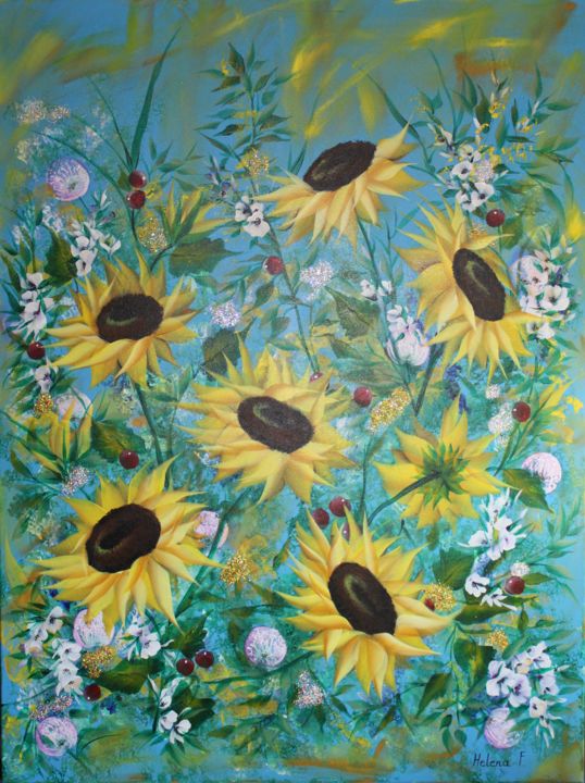 Painting titled "Sunflowers" by Helena Faitelson, Original Art, Acrylic