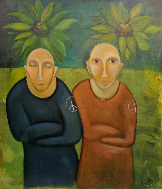 Painting titled "Peacebrothers" by Helena Hötzl Setterström, Original Artwork, Oil Mounted on Wood Stretcher frame