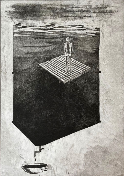 Druckgrafik mit dem Titel "Bottom-feeder" von Helena Kalná, Original-Kunstwerk, Radierung