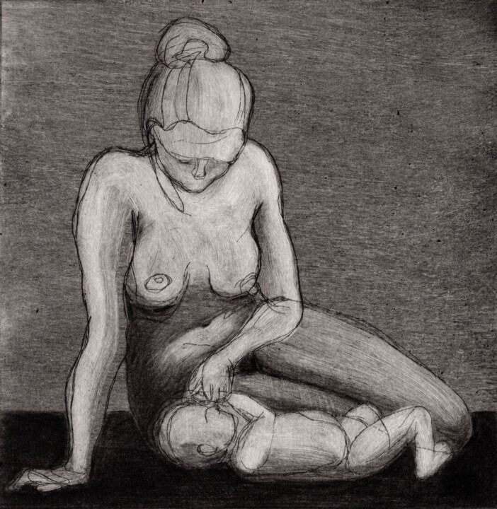 Prenten & gravures getiteld "Mother and child" door Helena Kalná, Origineel Kunstwerk, Ets
