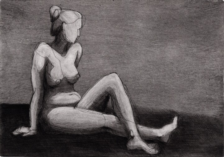 Druckgrafik mit dem Titel "Sitting woman" von Helena Kalná, Original-Kunstwerk, Radierung