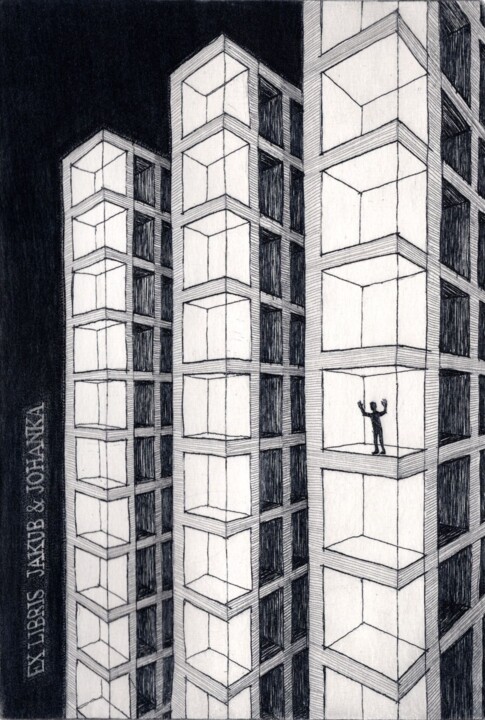 Druckgrafik mit dem Titel "A man in a city" von Helena Kalná, Original-Kunstwerk, Radierung