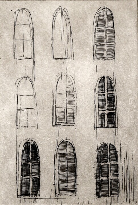 Gravures & estampes intitulée "The Windows" par Helena Kalná, Œuvre d'art originale, Eau-forte